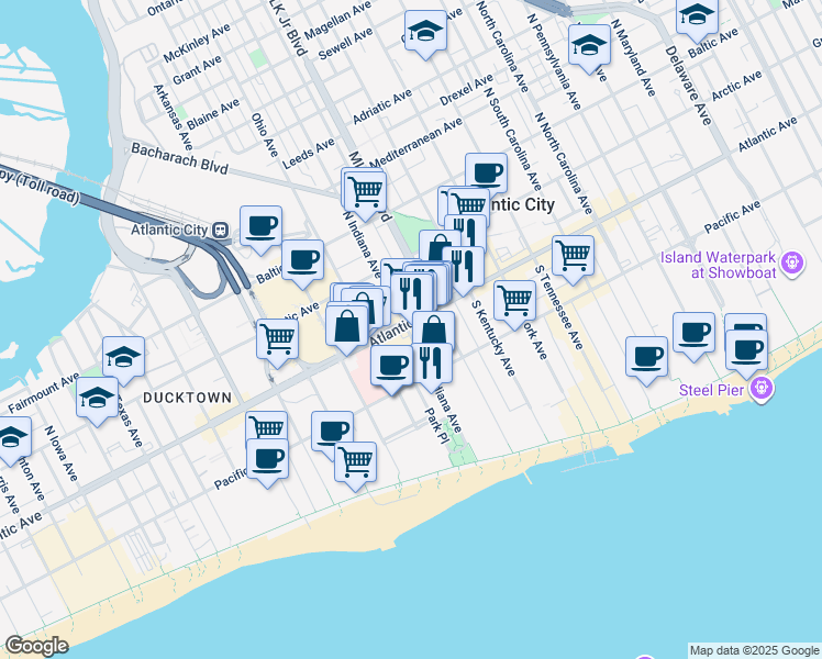 map of restaurants, bars, coffee shops, grocery stores, and more near 1738 Atlantic Avenue in Atlantic City