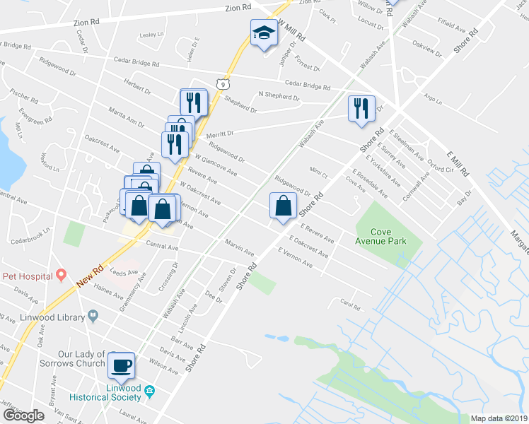 map of restaurants, bars, coffee shops, grocery stores, and more near 114 Revere Avenue in Northfield
