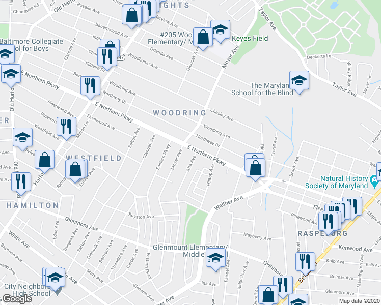 map of restaurants, bars, coffee shops, grocery stores, and more near 3309 E Northern Pkwy in Baltimore