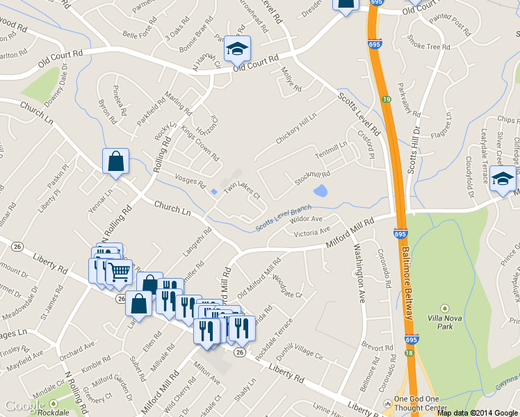 map of restaurants, bars, coffee shops, grocery stores, and more near 8117 Salt Lake Drive in Milford Mill