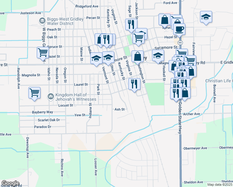 map of restaurants, bars, coffee shops, grocery stores, and more near 1035 Cedar Street in Gridley