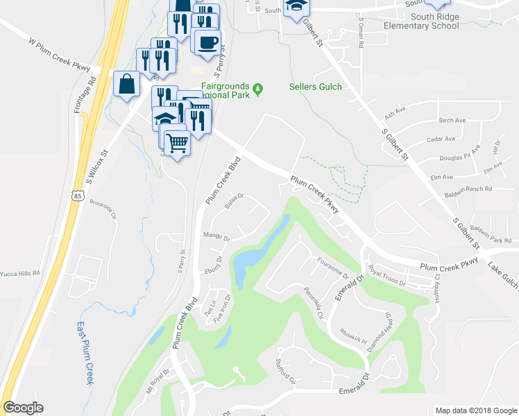 map of restaurants, bars, coffee shops, grocery stores, and more near 1105 Koa Court in Castle Rock