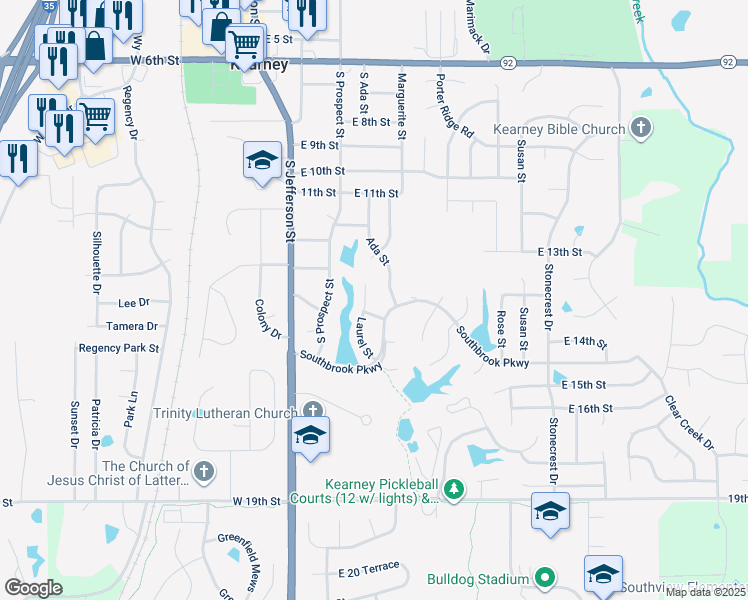 map of restaurants, bars, coffee shops, grocery stores, and more near 1317 Laurel Street in Kearney