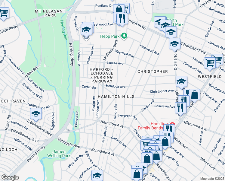 map of restaurants, bars, coffee shops, grocery stores, and more near 2314 Cloville Avenue in Baltimore