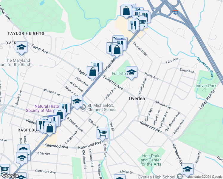 map of restaurants, bars, coffee shops, grocery stores, and more near 7408 Linden Avenue in Baltimore