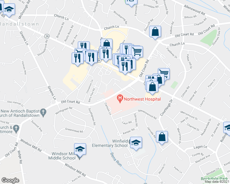 map of restaurants, bars, coffee shops, grocery stores, and more near 5332 Old Court Road in Randallstown
