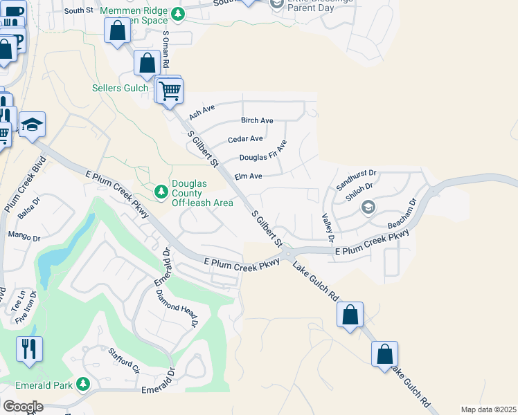 map of restaurants, bars, coffee shops, grocery stores, and more near 108 Baldwin Court in Castle Rock