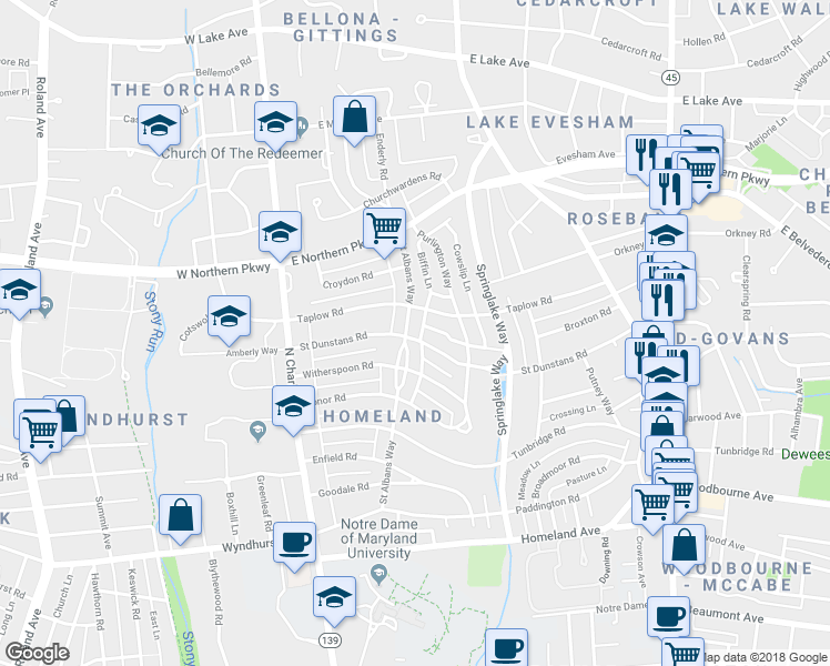 map of restaurants, bars, coffee shops, grocery stores, and more near 5309 Saint Albans Way in Baltimore