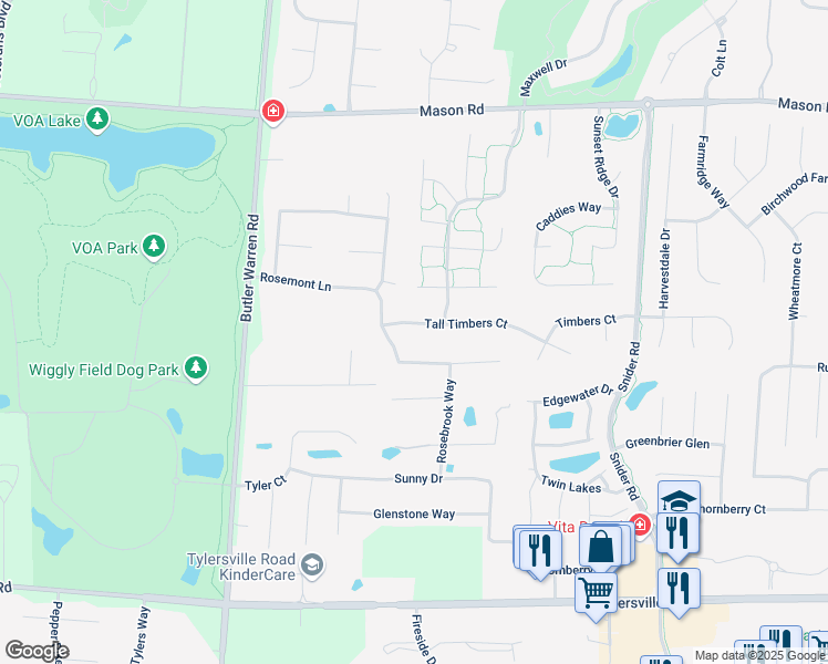 map of restaurants, bars, coffee shops, grocery stores, and more near 6647 Tall Timbers Court in Mason