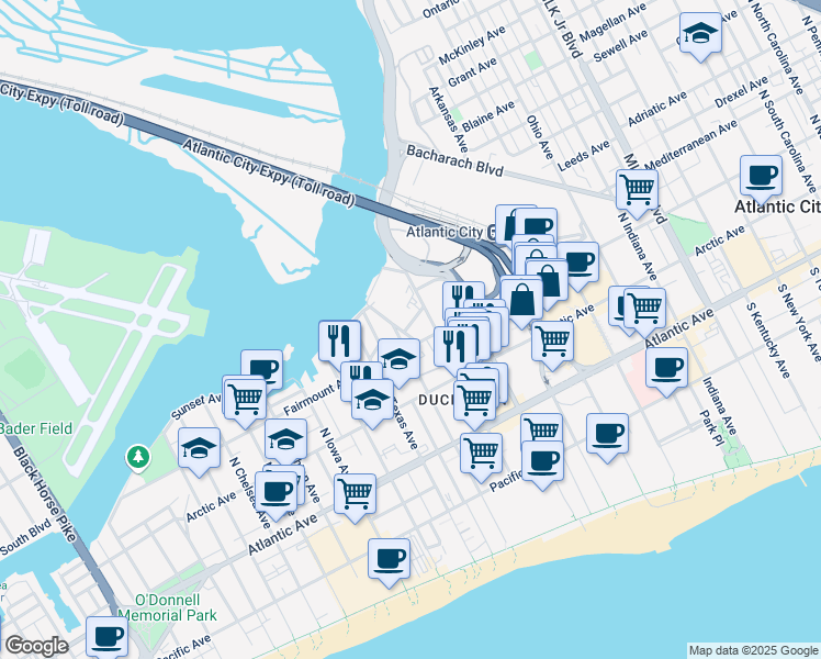 map of restaurants, bars, coffee shops, grocery stores, and more near 2404 Island Avenue in Atlantic City