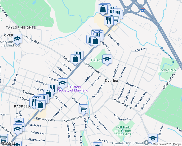 map of restaurants, bars, coffee shops, grocery stores, and more near 7408 Linden Avenue in Baltimore
