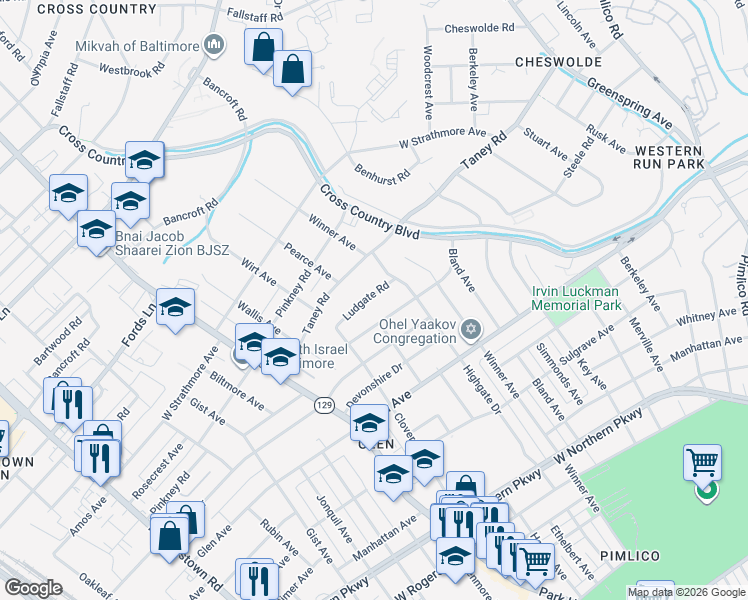 map of restaurants, bars, coffee shops, grocery stores, and more near 3315 Ludgate Road in Baltimore