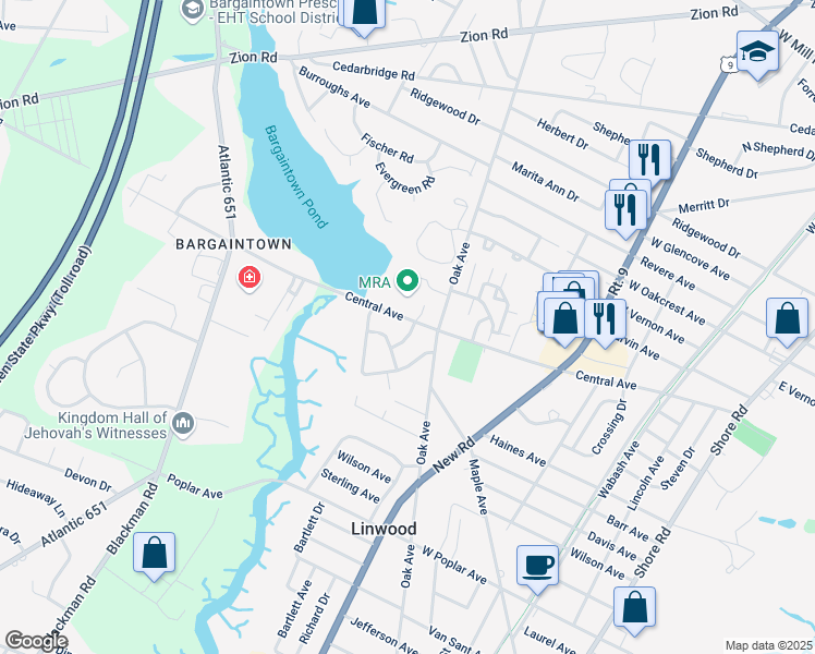 map of restaurants, bars, coffee shops, grocery stores, and more near 401 Leenie Lane in Linwood