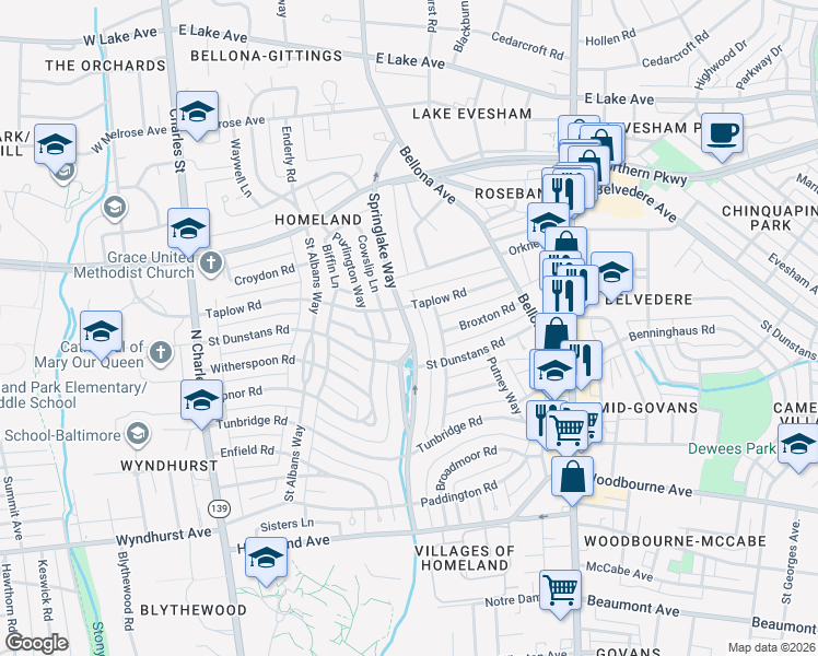 map of restaurants, bars, coffee shops, grocery stores, and more near 5302 Springlake Way in Baltimore
