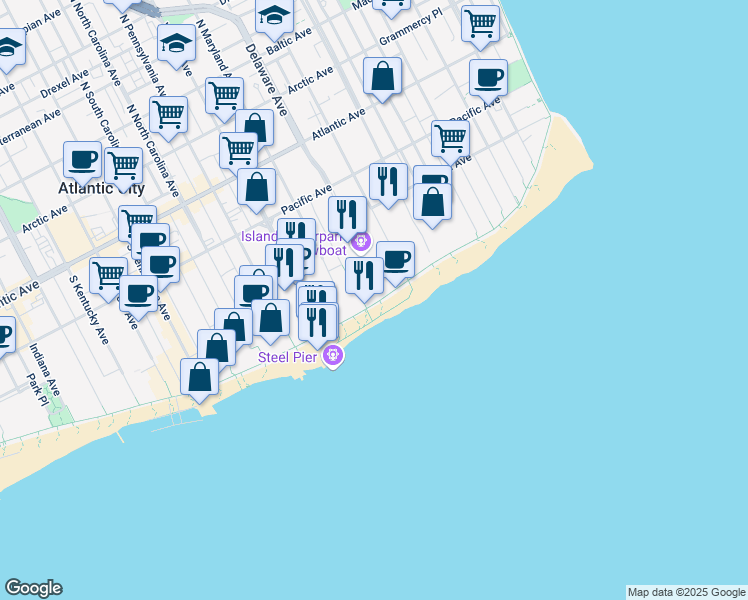 map of restaurants, bars, coffee shops, grocery stores, and more near 801 Boardwalk in Atlantic City