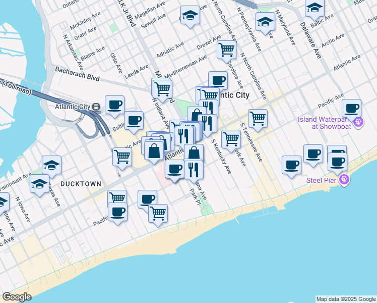 map of restaurants, bars, coffee shops, grocery stores, and more near 1738 Atlantic Avenue in Atlantic City