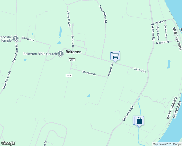 map of restaurants, bars, coffee shops, grocery stores, and more near in Bakerton