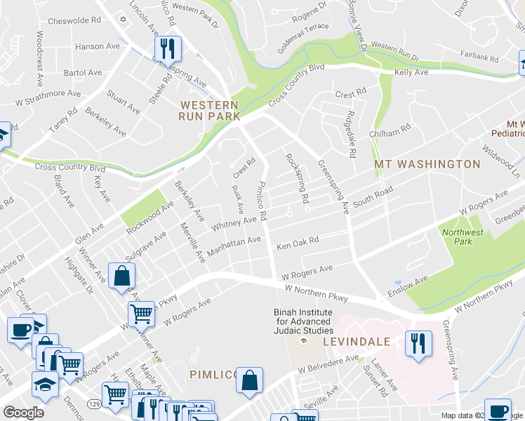map of restaurants, bars, coffee shops, grocery stores, and more near Pimlico Rd & Brambleton Rd in Baltimore