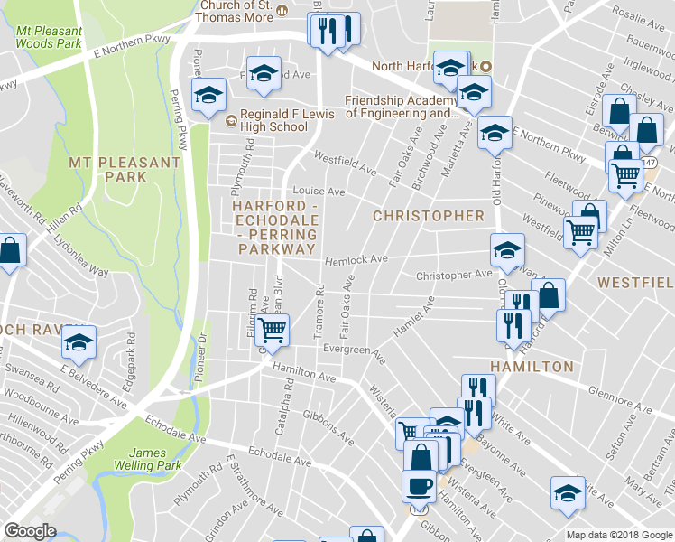 map of restaurants, bars, coffee shops, grocery stores, and more near 2403 Hemlock Avenue in Baltimore