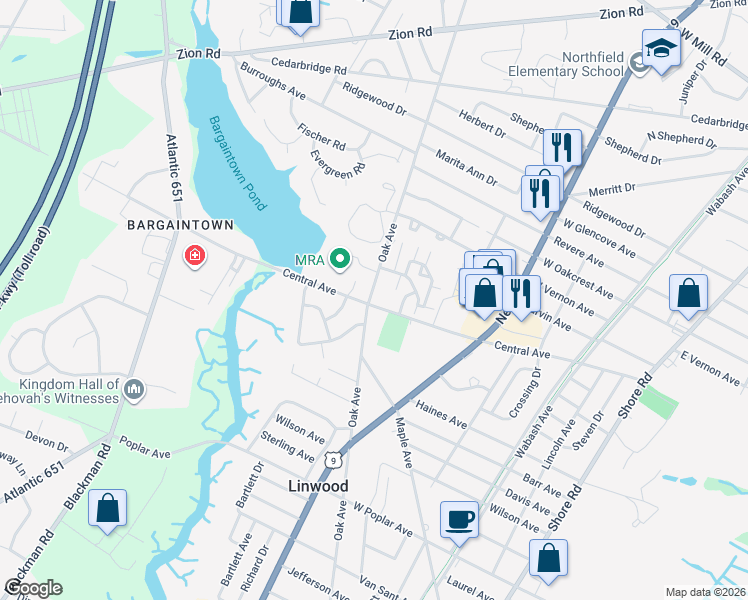 map of restaurants, bars, coffee shops, grocery stores, and more near 570 Central Avenue in Linwood