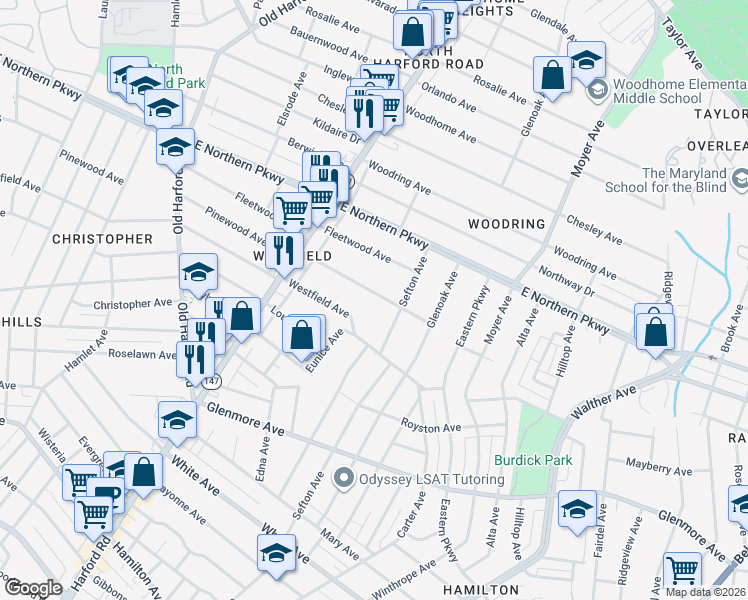 map of restaurants, bars, coffee shops, grocery stores, and more near 3043 Pinewood Avenue in Baltimore