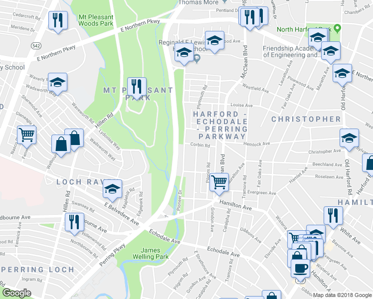 map of restaurants, bars, coffee shops, grocery stores, and more near 5639 Pioneer Drive in Baltimore