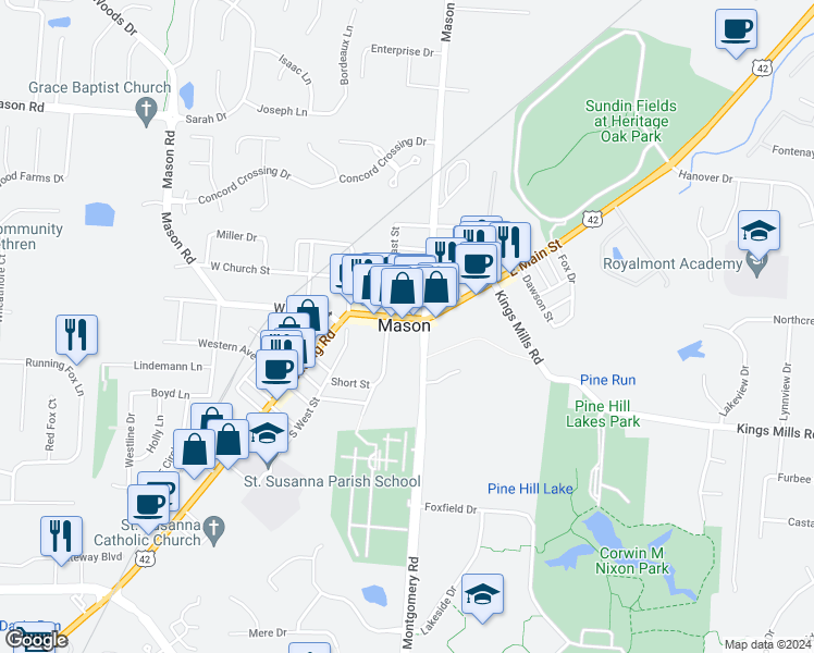 map of restaurants, bars, coffee shops, grocery stores, and more near 113 West Main Street in Mason