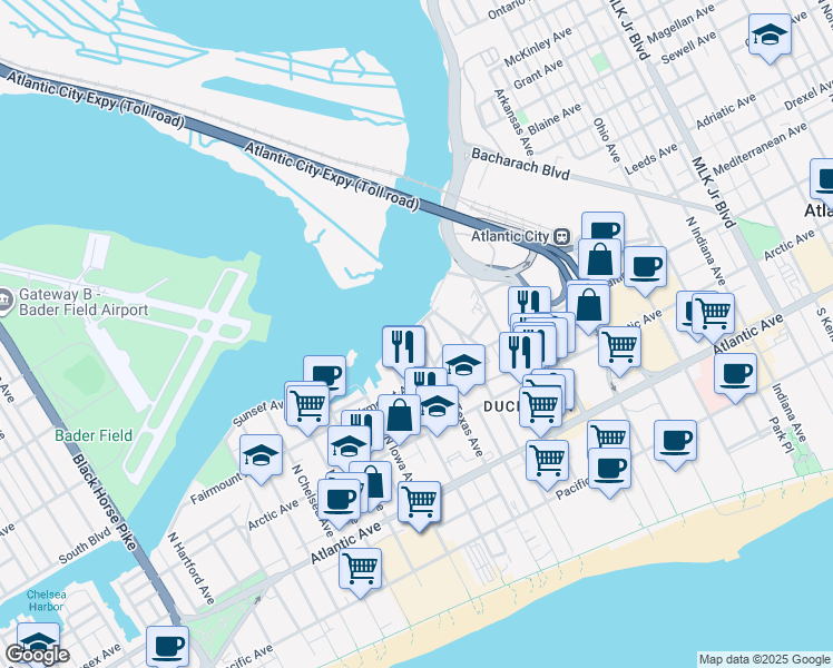 map of restaurants, bars, coffee shops, grocery stores, and more near 239 Arizona Avenue in Atlantic City