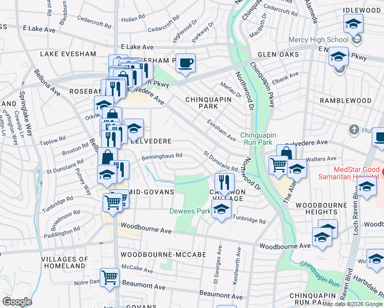 map of restaurants, bars, coffee shops, grocery stores, and more near 864 Benninghaus Road in Baltimore