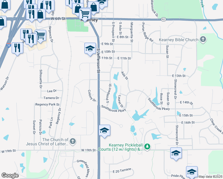 map of restaurants, bars, coffee shops, grocery stores, and more near 1305 South Prospect Street in Kearney