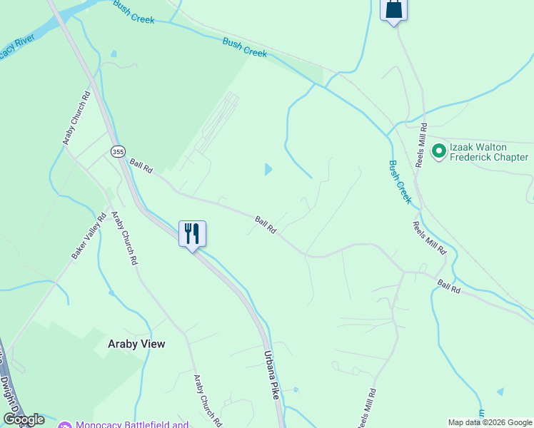 map of restaurants, bars, coffee shops, grocery stores, and more near 8150 Ball Road in Frederick