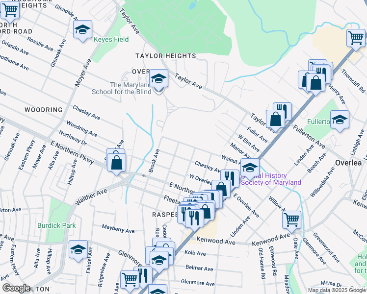 map of restaurants, bars, coffee shops, grocery stores, and more near 3905 Walnut Avenue in Baltimore