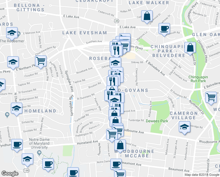 map of restaurants, bars, coffee shops, grocery stores, and more near 5721 Bellona Ave in Baltimore