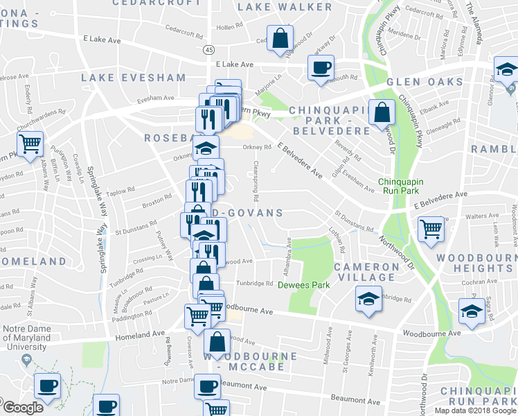 map of restaurants, bars, coffee shops, grocery stores, and more near 702 Benninghaus Road in Baltimore