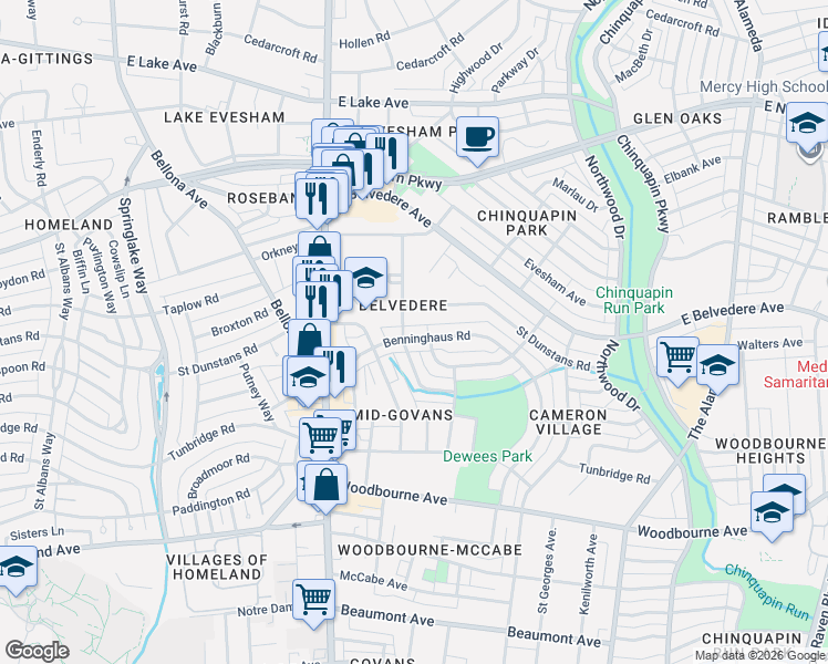 map of restaurants, bars, coffee shops, grocery stores, and more near 710 Benninghaus Road in Baltimore