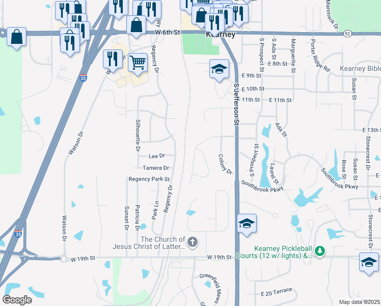 map of restaurants, bars, coffee shops, grocery stores, and more near 214 Shawna Drive in Kearney