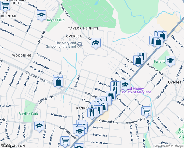 map of restaurants, bars, coffee shops, grocery stores, and more near 3905 Walnut Avenue in Baltimore