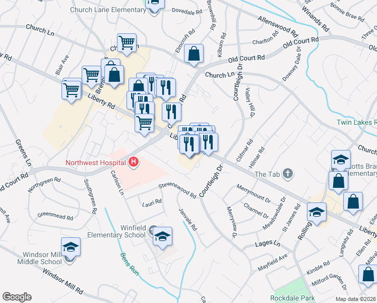 map of restaurants, bars, coffee shops, grocery stores, and more near 8519 Liberty Road in Randallstown