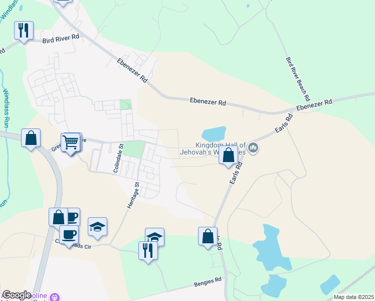 map of restaurants, bars, coffee shops, grocery stores, and more near 6611 Greenleigh Avenue in Middle River
