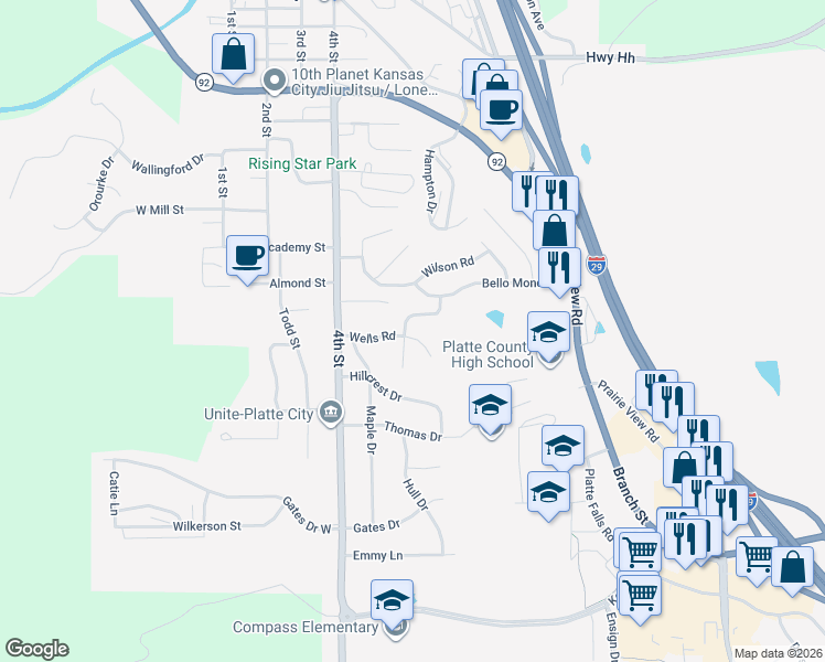 map of restaurants, bars, coffee shops, grocery stores, and more near 508 Wells Road in Platte City