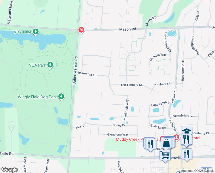 map of restaurants, bars, coffee shops, grocery stores, and more near 6469 Rosemont Lane in Mason