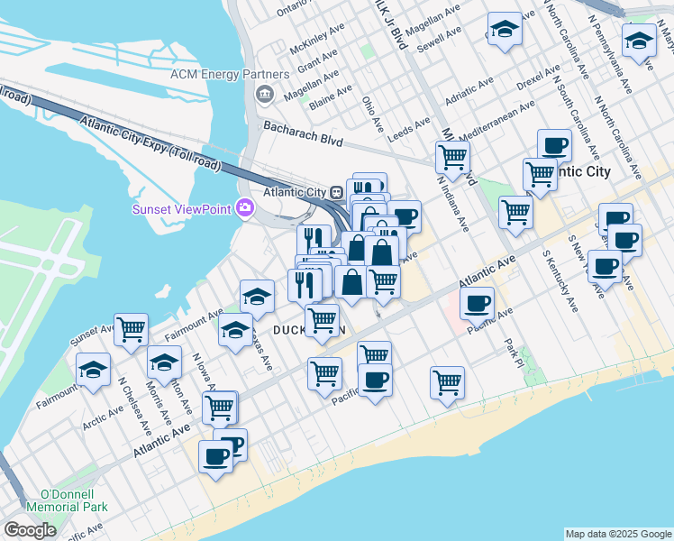 map of restaurants, bars, coffee shops, grocery stores, and more near 2200 Fairmount Avenue in Atlantic City