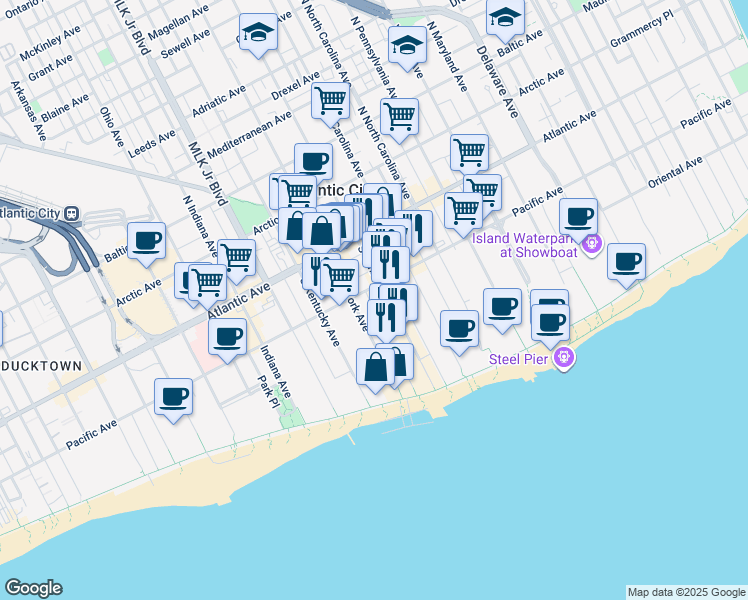 map of restaurants, bars, coffee shops, grocery stores, and more near 114 South Tennessee Avenue in Atlantic City