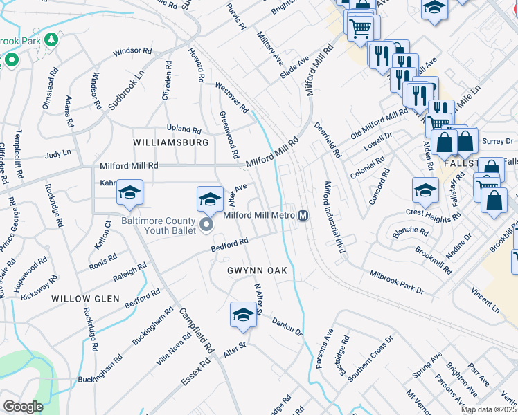 map of restaurants, bars, coffee shops, grocery stores, and more near 516 Rocklyn Avenue in Pikesville