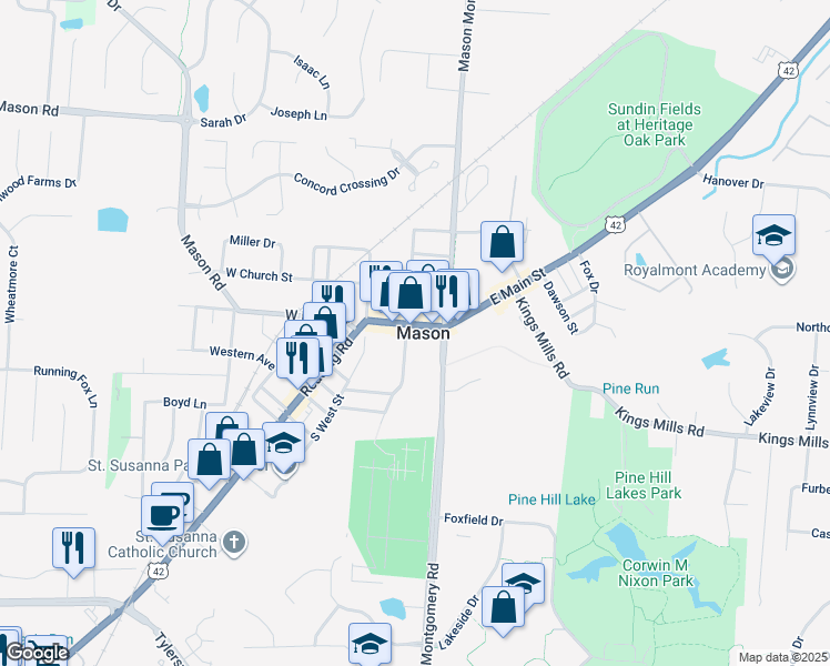 map of restaurants, bars, coffee shops, grocery stores, and more near 123 West Main Street in Mason