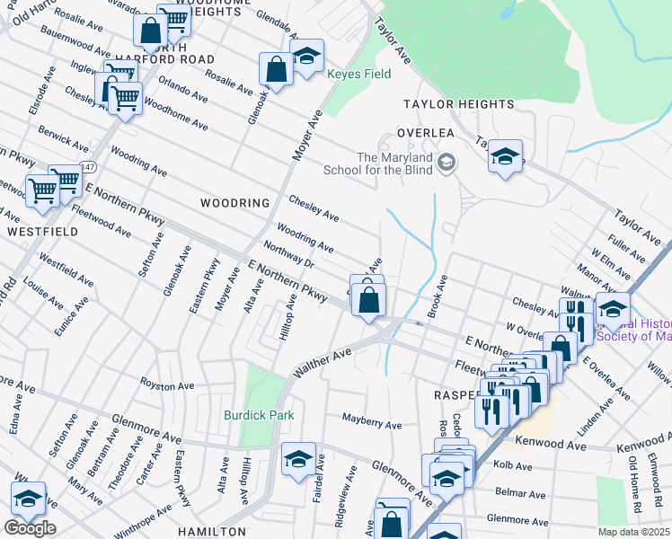 map of restaurants, bars, coffee shops, grocery stores, and more near 3522 Northway Drive in Baltimore