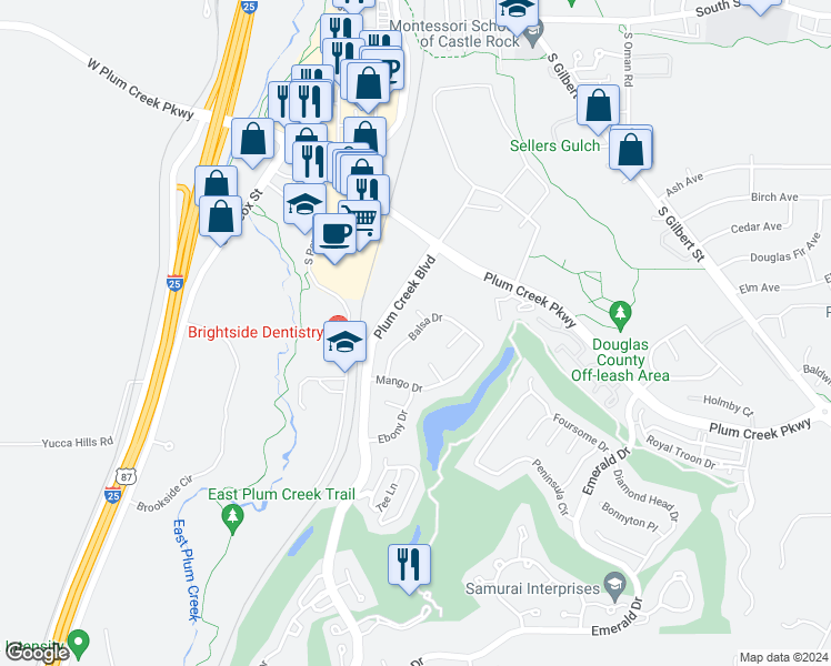 map of restaurants, bars, coffee shops, grocery stores, and more near 573 Balsa Drive in Castle Rock