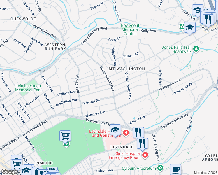 map of restaurants, bars, coffee shops, grocery stores, and more near 5608 Greenspring Avenue in Baltimore