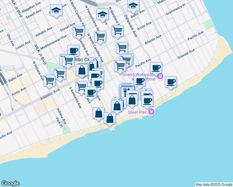 map of restaurants, bars, coffee shops, grocery stores, and more near 136 S South Carolina Ave in Atlantic City