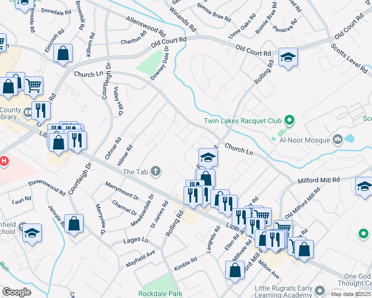 map of restaurants, bars, coffee shops, grocery stores, and more near 3618 Yennar Lane in Milford Mill